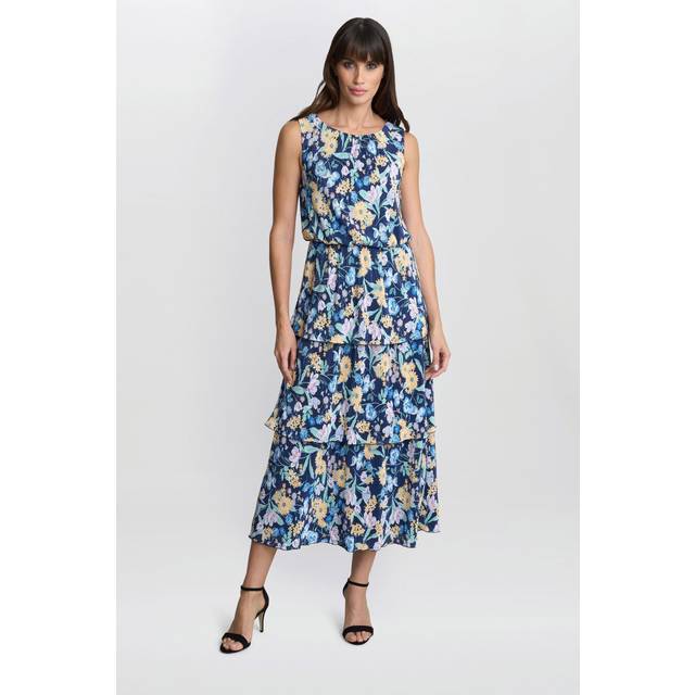 Gina Bacconi Zara Floral Plisse Tiered Dress, Navy/Multi