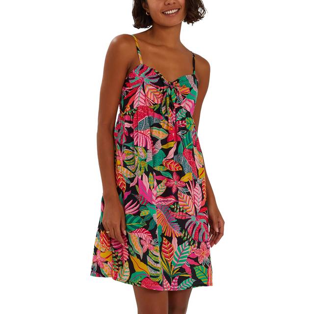 Accessorize Tropical Print Tie Front Mini Dress, Black/Multi