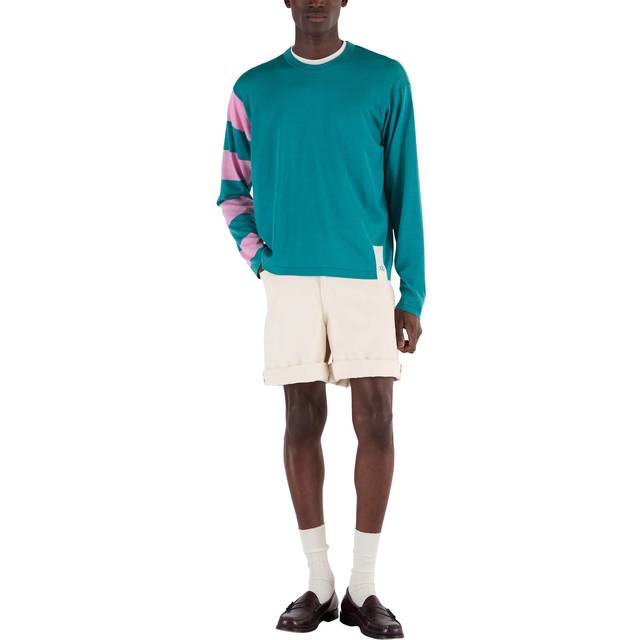 John Smedley Merino Wool Stripe Sleeve Jumper, Ocean Teal/Snow White