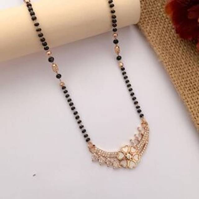 Indian Nazarian Floral Rose Gold Zircon Mangalsutra Black Beads Necklace - 18 inches