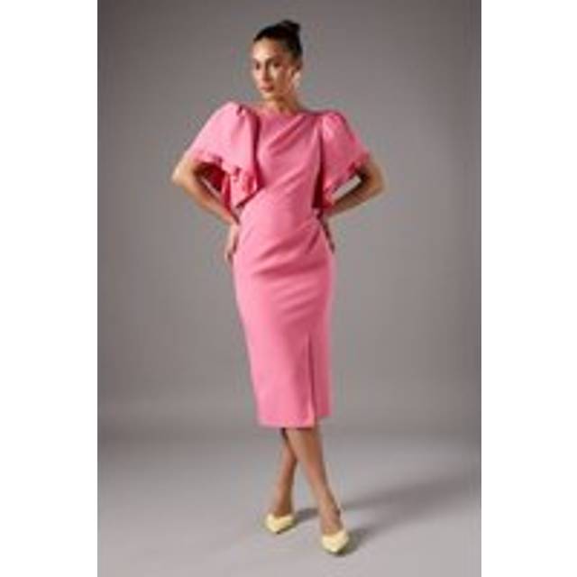 Pleat Double Layer Sleeve Pencil Dress - Pink - 12
