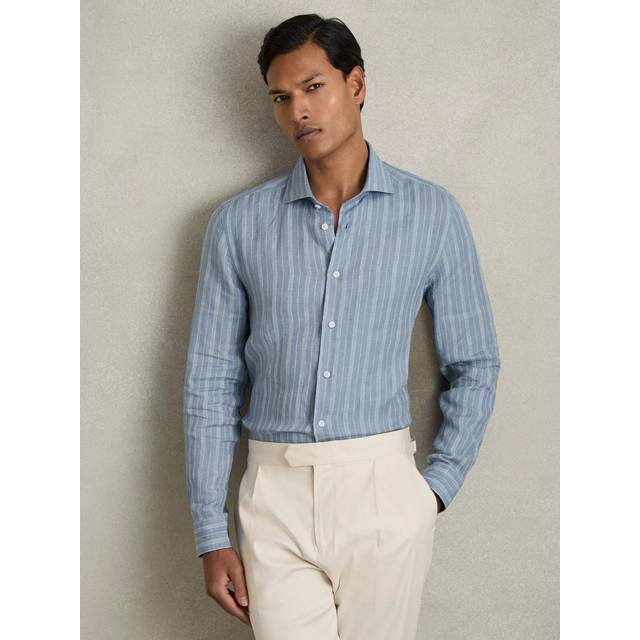 Reiss Ruban Linen Button-Through Stripe Shirt, Airforce Blue/White