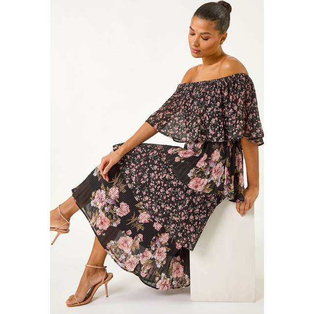 Roman Black Bardot Ditsy Floral Midi Dress - Size 16