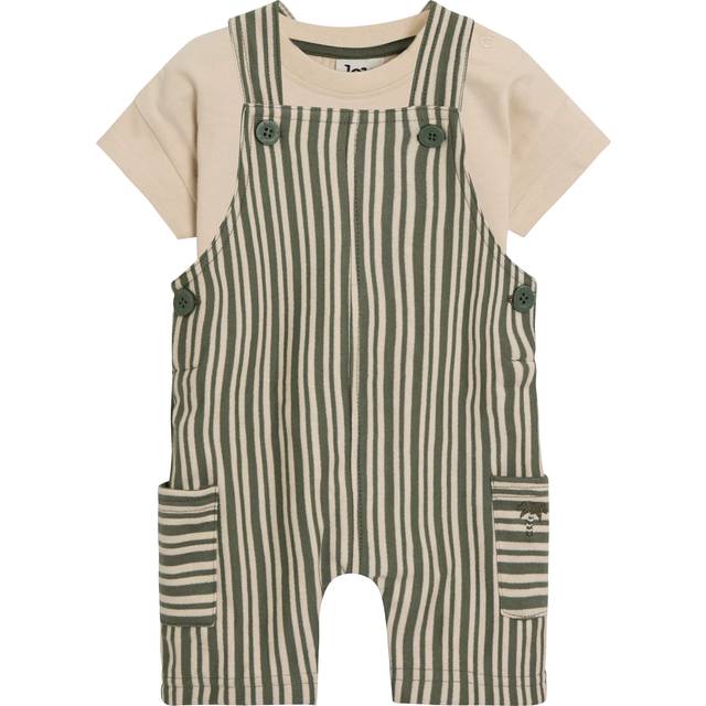JoJo Maman Bébé Baby Stripe Dungarees and T-Shirt Set, Khaki
