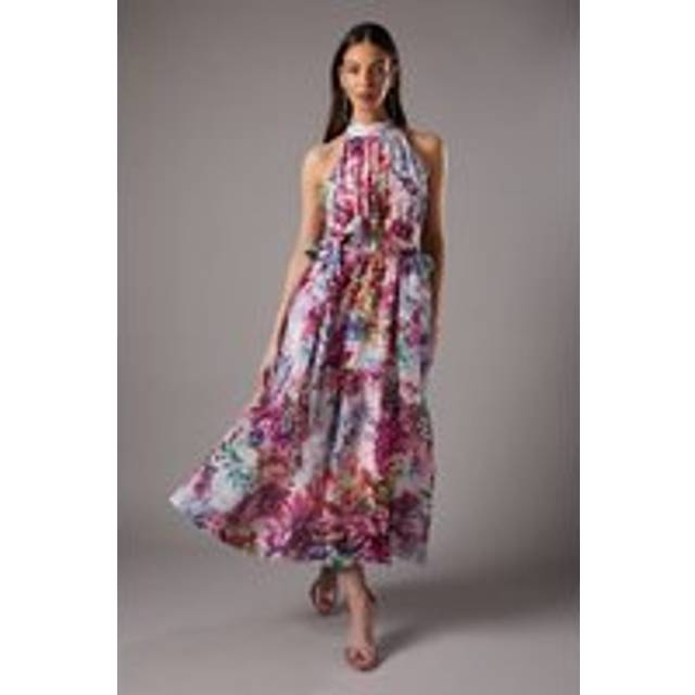 Printed Halter Tiered Maxi Dress With Bow Waist Detail - Multi - 10