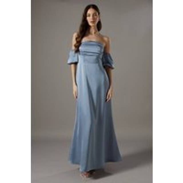 Puff Sleeve Bardot Satin Maxi Bridesmaids Dress - Dusty Blue - 8