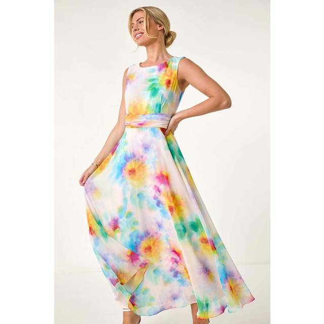 Roman Petite Ivory Floral Ruched Midi Dress - Size 16