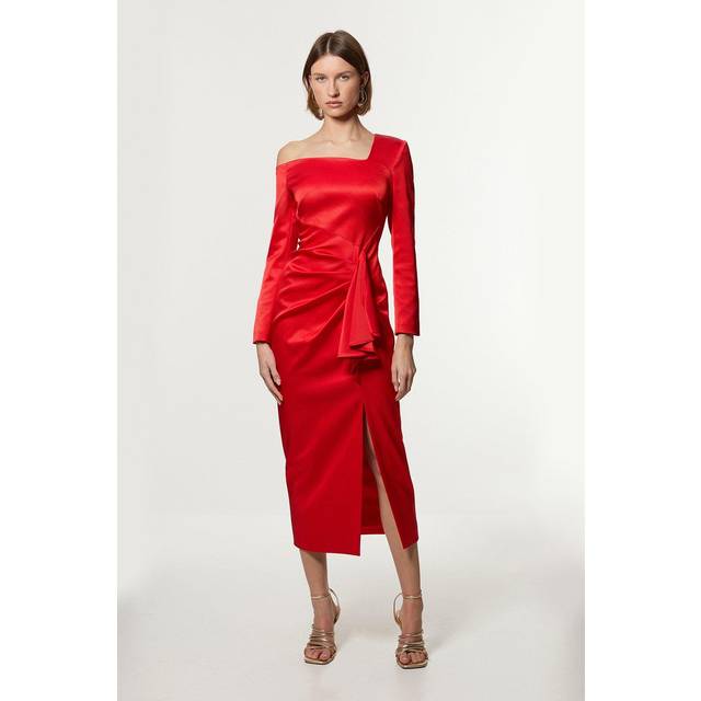 Italian Structured Rib Asymmetric Neckline Draped Tailored Maxi Dress - Red
