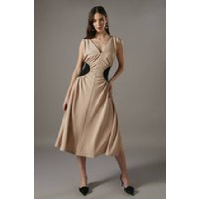 Contrast Waist Midi Dress - Black/Nude - 14