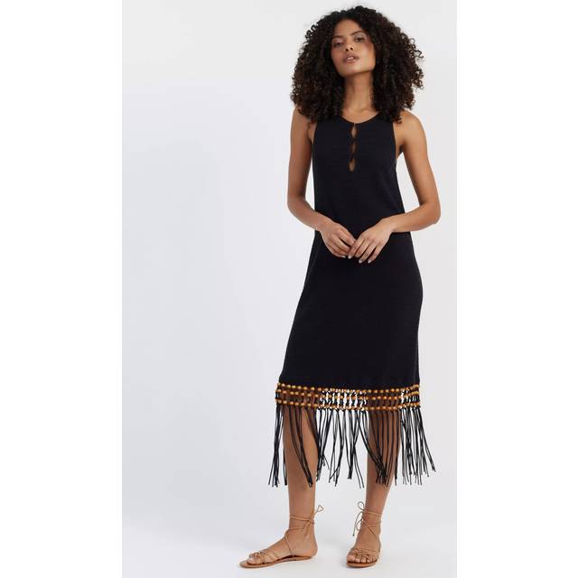 Chinti & Parker X Laura Whitmore Cotton Beaded Fringe Sleeveless Midi Dress, Black