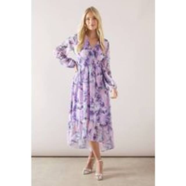 Womens Petite Floral Shirred Waist High-Low Midi Dress - Mauve - 10