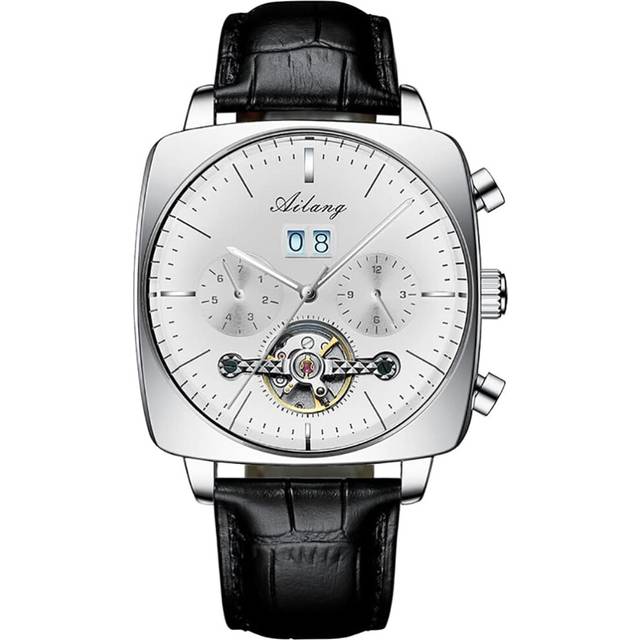 men Watch Leather Strap Square Large Dial Waterproof Wristwatch