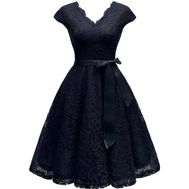 (L, Black) Best Seller-womens Vintage Off Shoulder Lace Dress Floral Full Lace High And Low Long Sleeve Party Cocktail A-line Swing Dresses