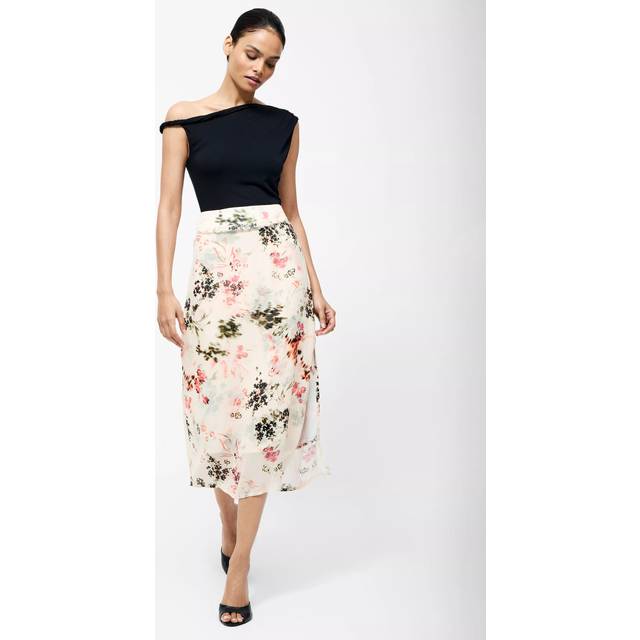 French Connection Candice Floral Overlay Satin Skirt, Cream/Scarlet Red
