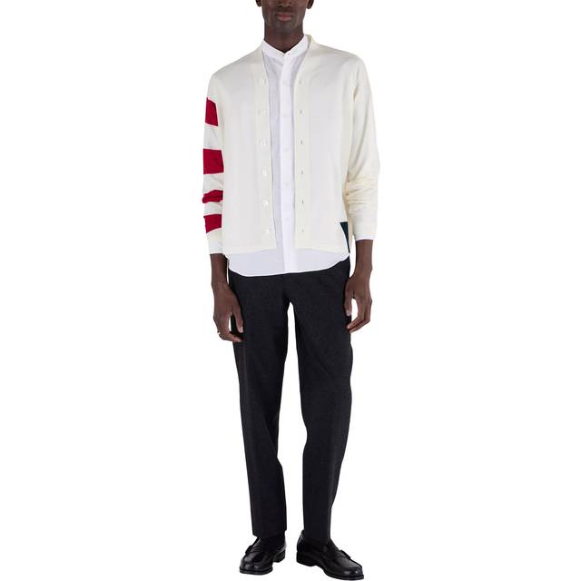 John Smedley Merino Wool Striped Sleeve Cardigan, Snow White/Persian Red