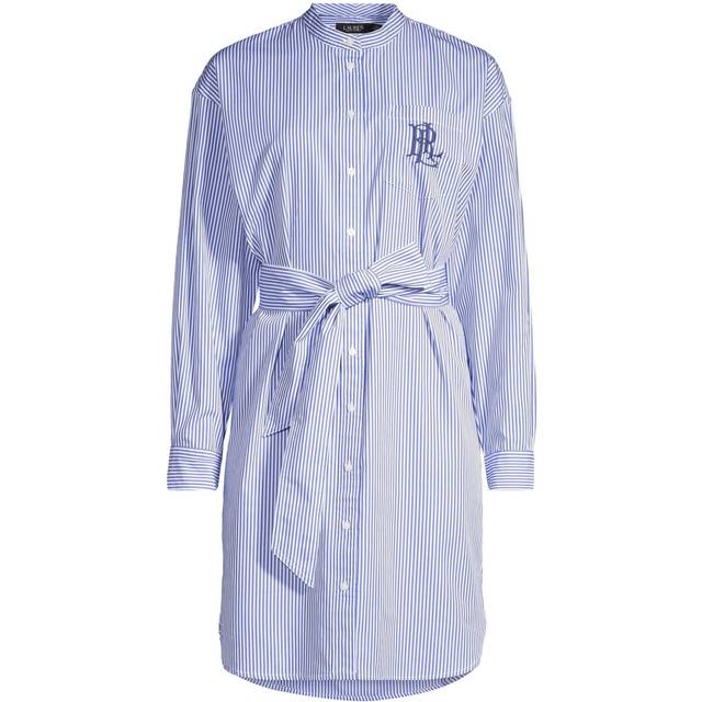 Striped Mini Shirt Dress with Mandarin Collar and Long Sleeves - Blue/White - XL