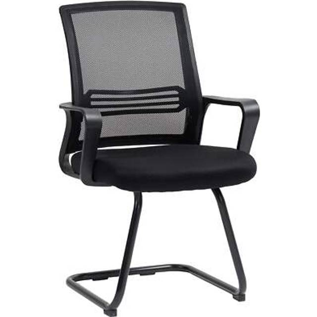 HOMCOM Ergonomic Desk Chair No Wheels, Padded Meeting Office Chair with Sled Base for Home Conference Room, Bedroom, Waiting, Reception, Black