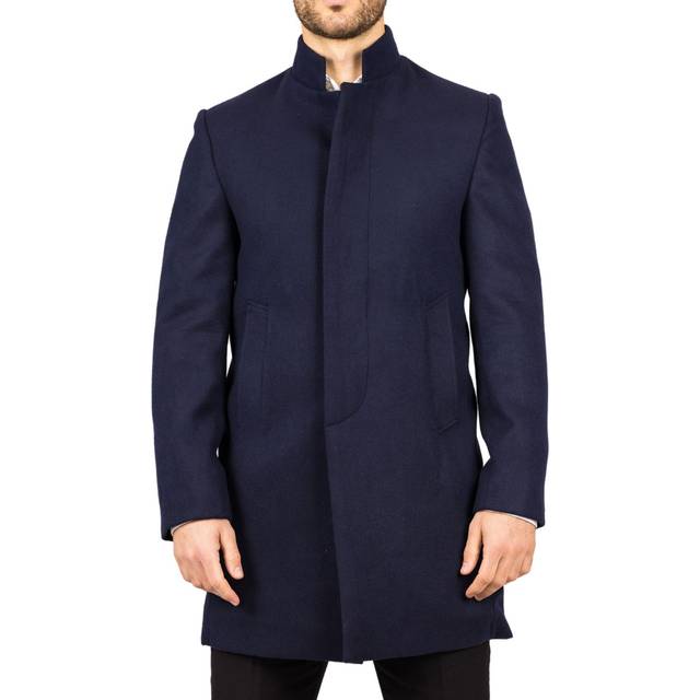 Stand Collar Wool Blend Overcoat Classic Trench Coat Winter Jacket - Navy - XXL