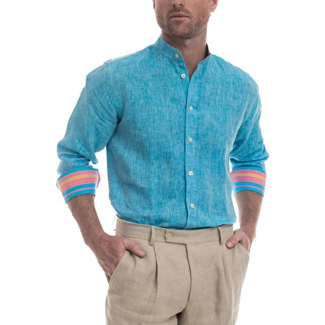 Koy Clothing Nyota Turquoise Linen Shirt - Grandfather Collar  - XL, Blue