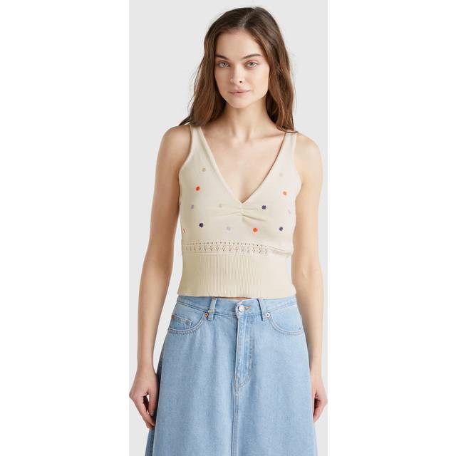 Benetton Embroidered Floral Knit Tank Top, Cream/Multi