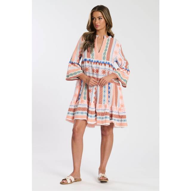 South Beach Jacquard 3/4 Sleeve Tiered Mini Dress - Multi, Multi, Size 12, Women - Print