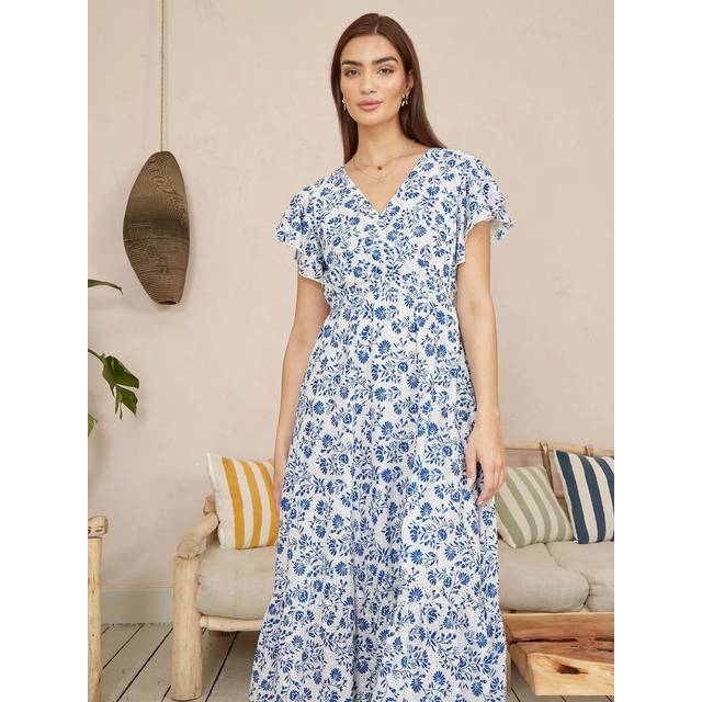 Yumi Blue Floral Printed Broderie Anglaise Ruched Waist Midi Dress - Size 10 UK - Yumi