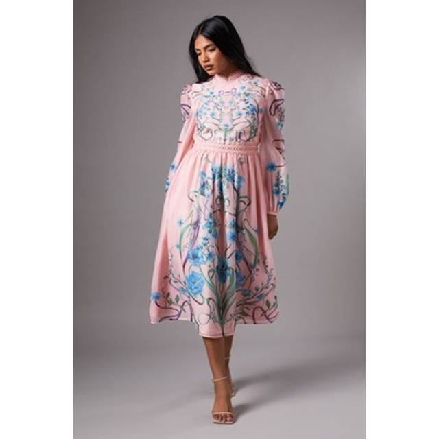 Petite Burnout Printed Midi Dress With Blouson Sleeve - Pink - 4