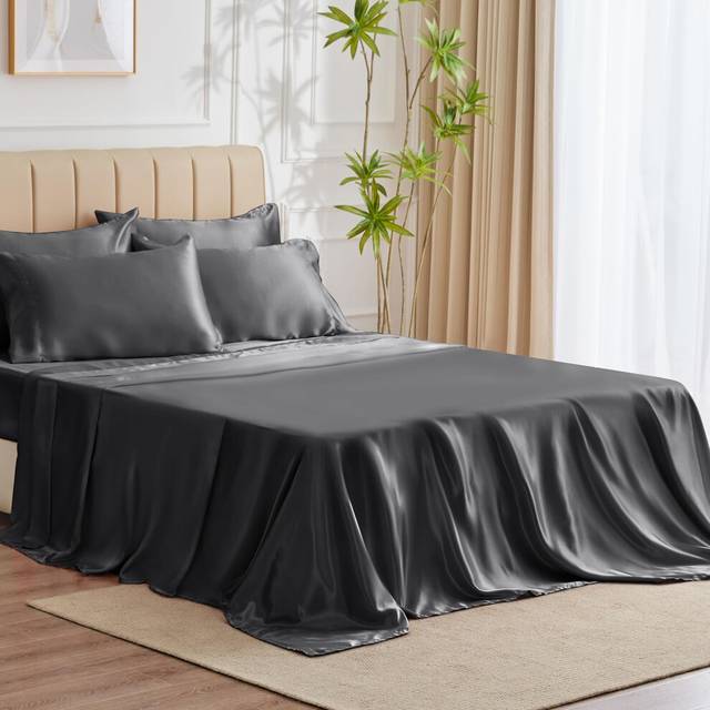CozyLux Satin Sheets King Size - 6 Piece Dark Grey Bed Sheet Set with Silky Microfiber  1 Deep Pocket Fitted Sheet  1 Flat Sheet  and 4 Pillowcases -