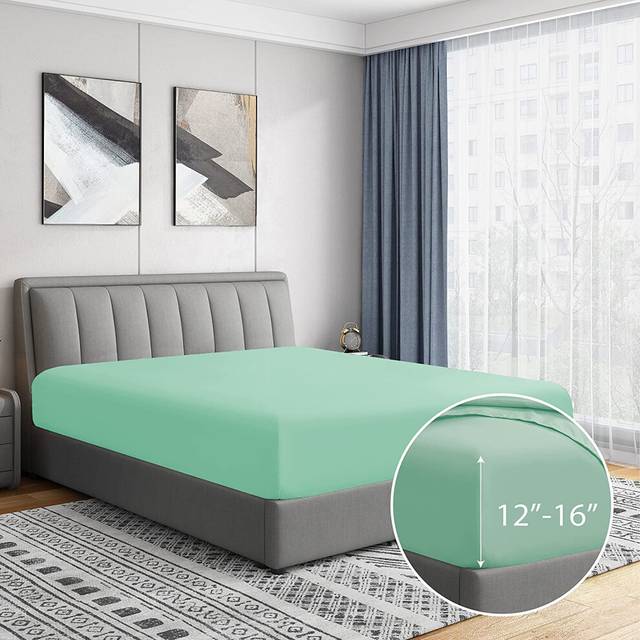 Cathay Home Luxury Wrinkle and Fade Resistant Double Brushed Ultra Soft Microfiber 14-Inch Standard Pocket Single Fitted Sheet  Sea Foam  Twin