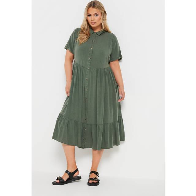Yours Curve Khaki Green Tiered Maxi Chambray Shirt Dress, Women's Curve & Plus Size, Yours - 34-36