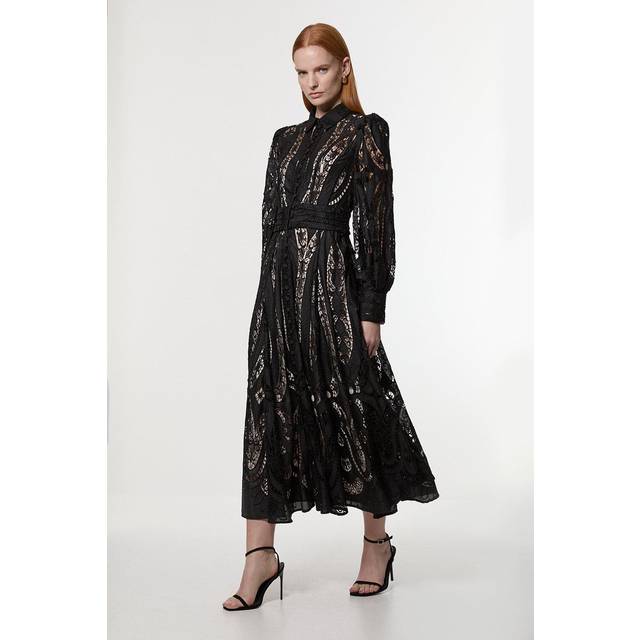 Petite Sheer Georgette Cutwork Balloon Sleeve Woven Maxi Dress - Black