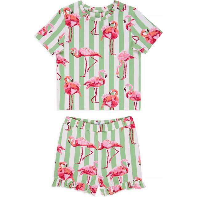 Chelsea Peers Kids' Organic Cotton Flamingo Stripe Shortie Pyjama Set, Green