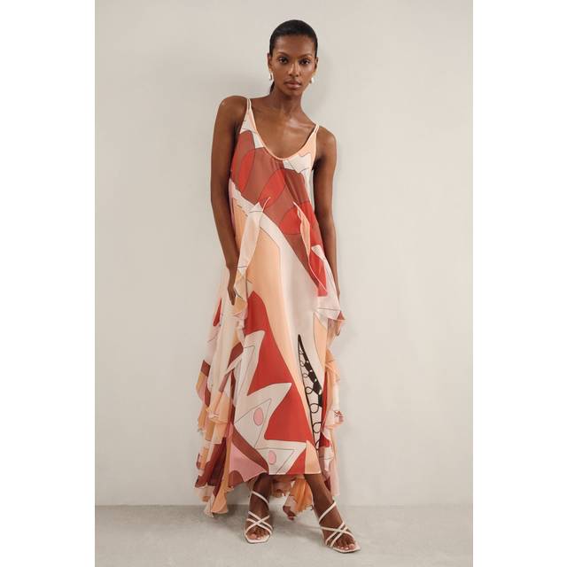 Reiss Sasha Abstract Ruffle Slip Maxi Dress, Cream/Red