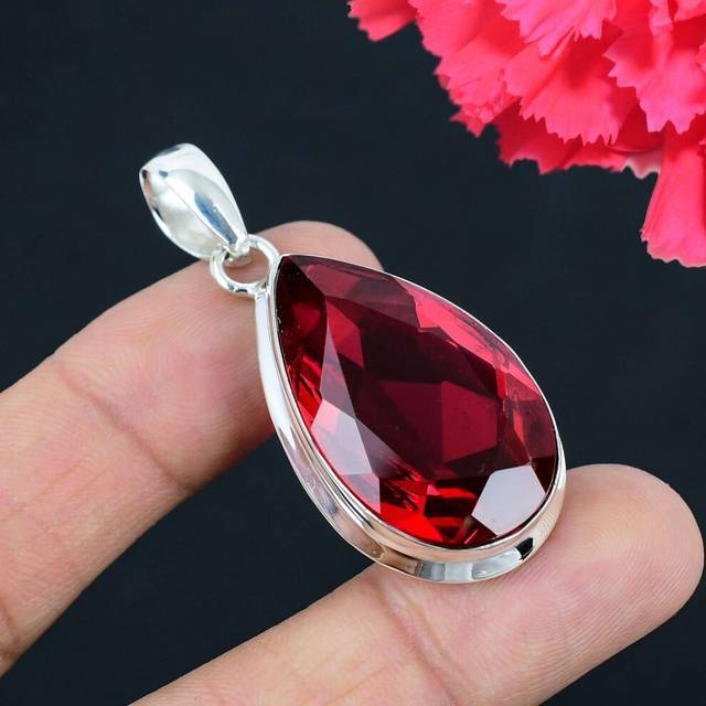 Garnet Gemstone Pendant Solid 925 Sterling Silver Pendant Jewelry Gift For Unisex