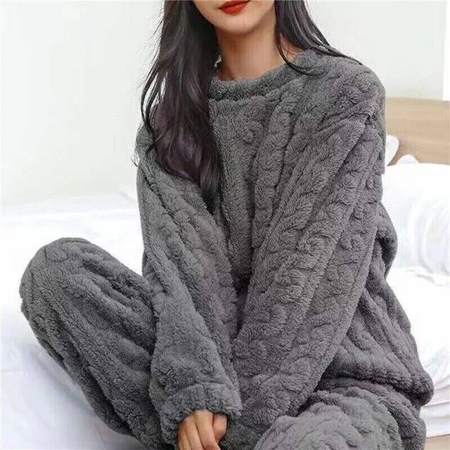 (Grey, S) Womens Pyjamas Sets Warm Fleece Loungewear Pjs Winter Fluffy Soft Nightwear UK
