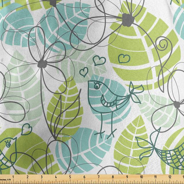 Lunarable Floral Fabric by The Yard  Silhouettes of Flowers and Love Birds on Big Leaves Soft Colors Graphic Print  Decorative Satin Fabric for Home T