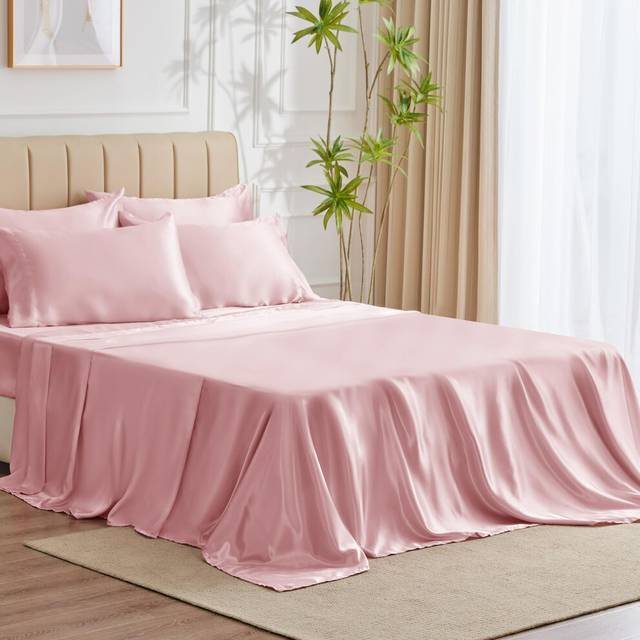CozyLux Satin Sheets Queen Size - 6 Piece Pink Bed Sheet Set with Silky Microfiber  1 Deep Pocket Fitted Sheet  1 Flat Sheet  and 4 Pillowcases - Smoo
