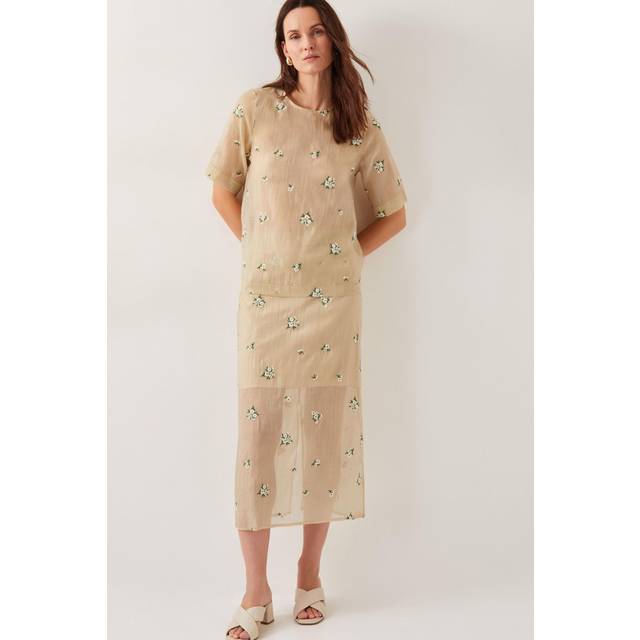 Monsoon Sacha Floral Embroidered Sheer Midi Skirt, Gold