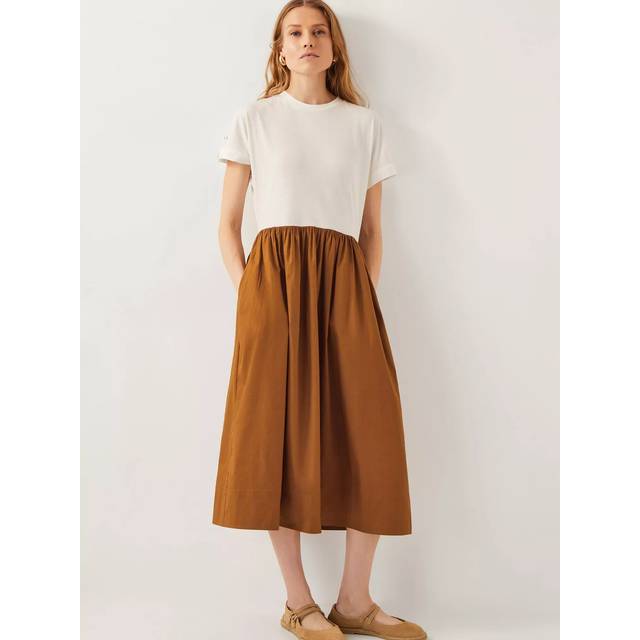 Monsoon Cali Contrast T-Shirt Midi Dress, Cream/Camel
