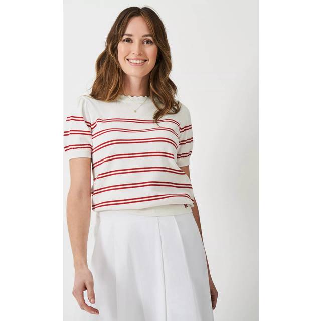 Crew Clothing Sola Stripe Short Sleeve Jumper, Red Wine