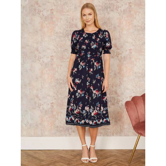 Navy Recycled Floral Ruched Midi Dress With Puff Sleeves - 10