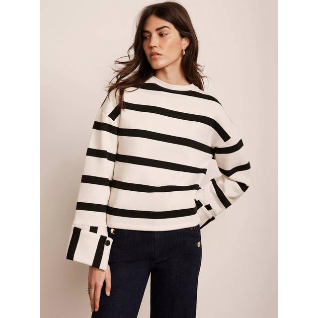 Mint Velvet Striped Statement Cuff Sweatshirt, Cream/Navy