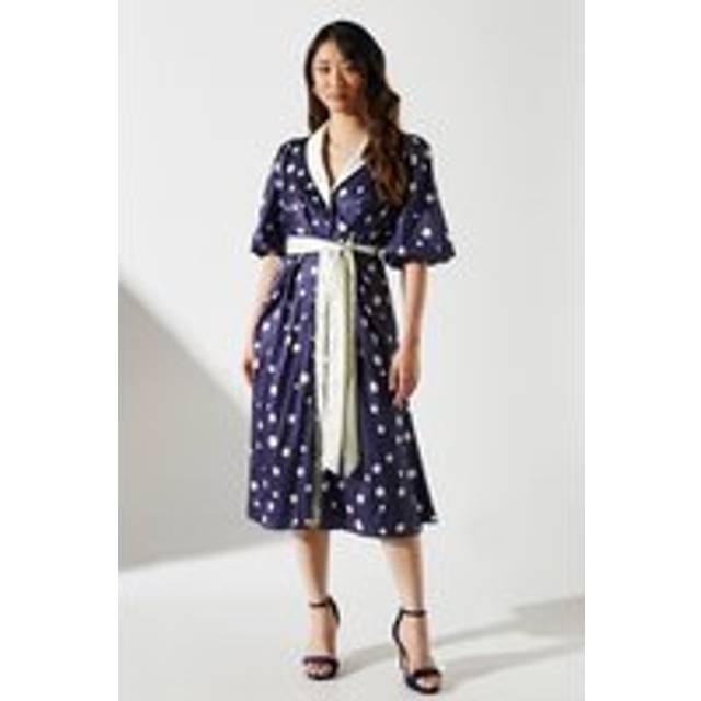 Short Sleeve Satin Polka-Dot Wrap Dress - Navy - 10