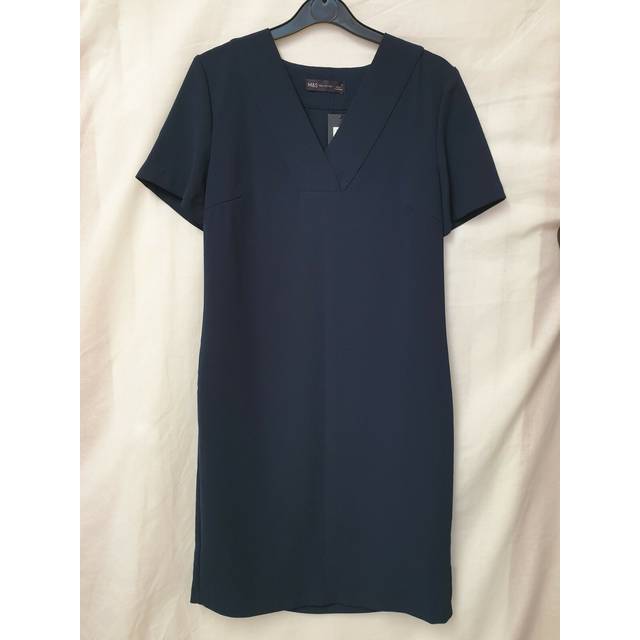 Bnwt, marks and spencer women's navy blue v neck knee length shift dress, size 8