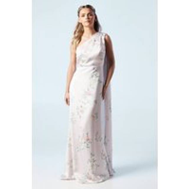 Petite Spring Posy Printed Satin Drape Shoulder Bridesmaids Dress - Pink - 6