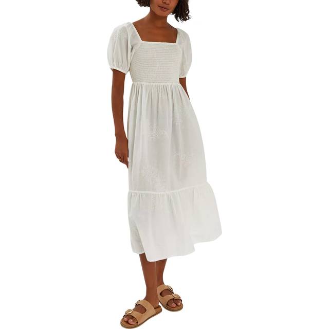 Accessorize Embroidered Puff Sleeve Midi Dress, White