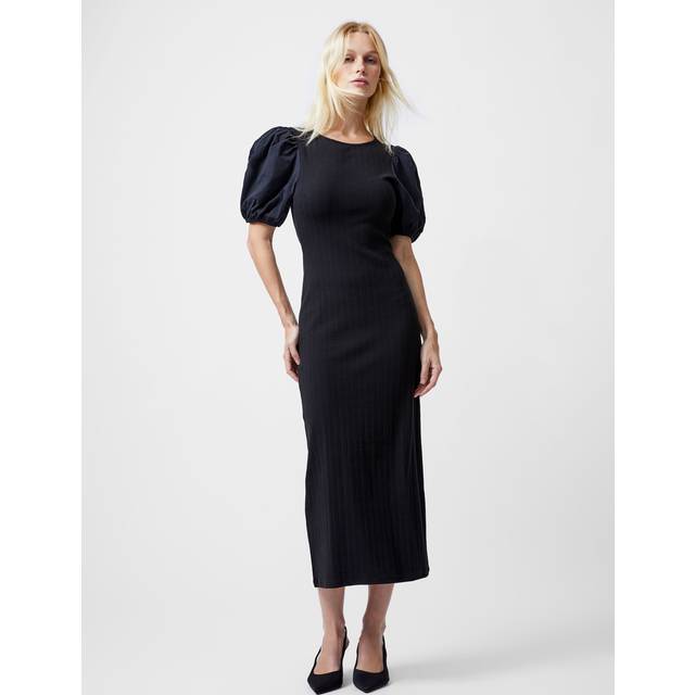 FRENCH CONNECTION Sasia Rib Puff Slv Midi Dress |Svart |XS