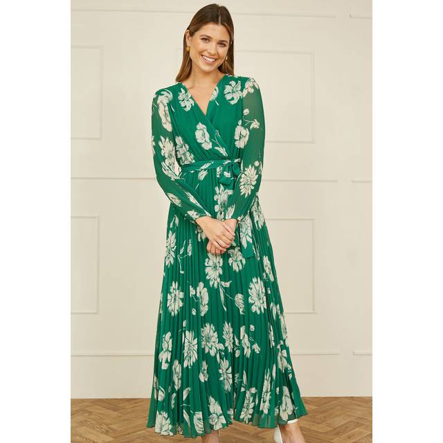 Yumi Floral Pleated Wrap Maxi Dress, Green/White