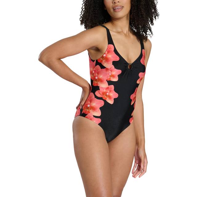 South Beach Floral Printed Ring Detail Tummy Control Swimsuit, Black