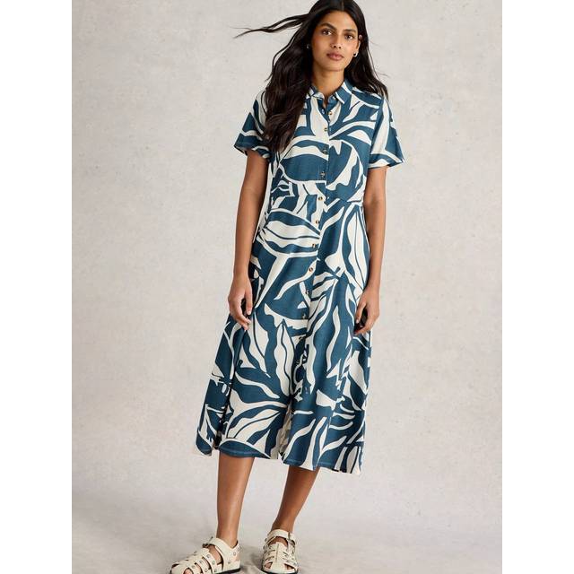 White Stuff Rua Floral Organic Cotton Modal Midi Shirt Dress, Navy/Multi